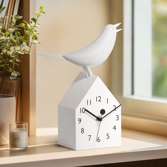 CLOCK, BIRDHOUSE - WHITE