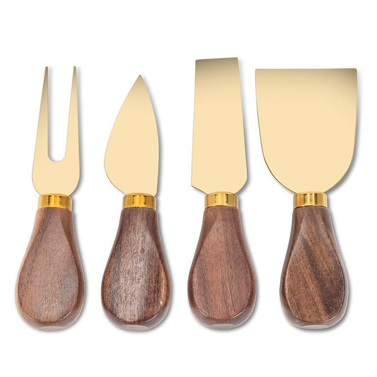 CHEESE KNIVES, 4PCS - WALNUT HANDLE/GOLD