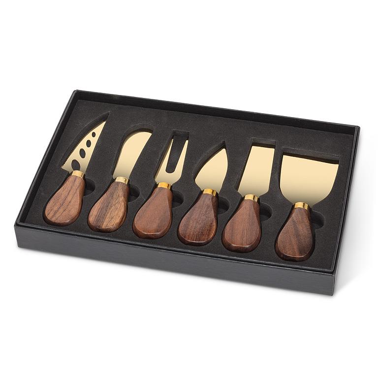 CHEESE KNIVES, 6PCS - WALNUT HANDLE/GOLD
