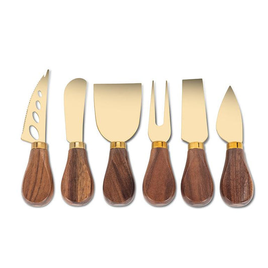 CHEESE KNIVES, 6PCS - WALNUT HANDLE/GOLD