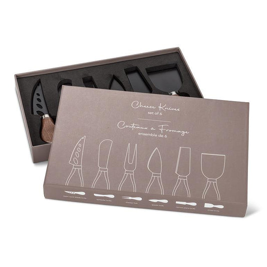 CHEESE KNIVES, 6PCS - WALNUT HANDLE/BLACK