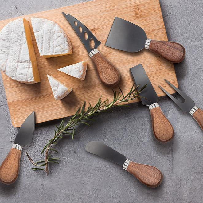 CHEESE KNIVES, 6PCS - WALNUT HANDLE/BLACK