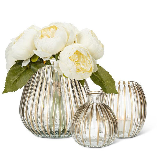 VASE, RIBBED - CLEAR/GOLD