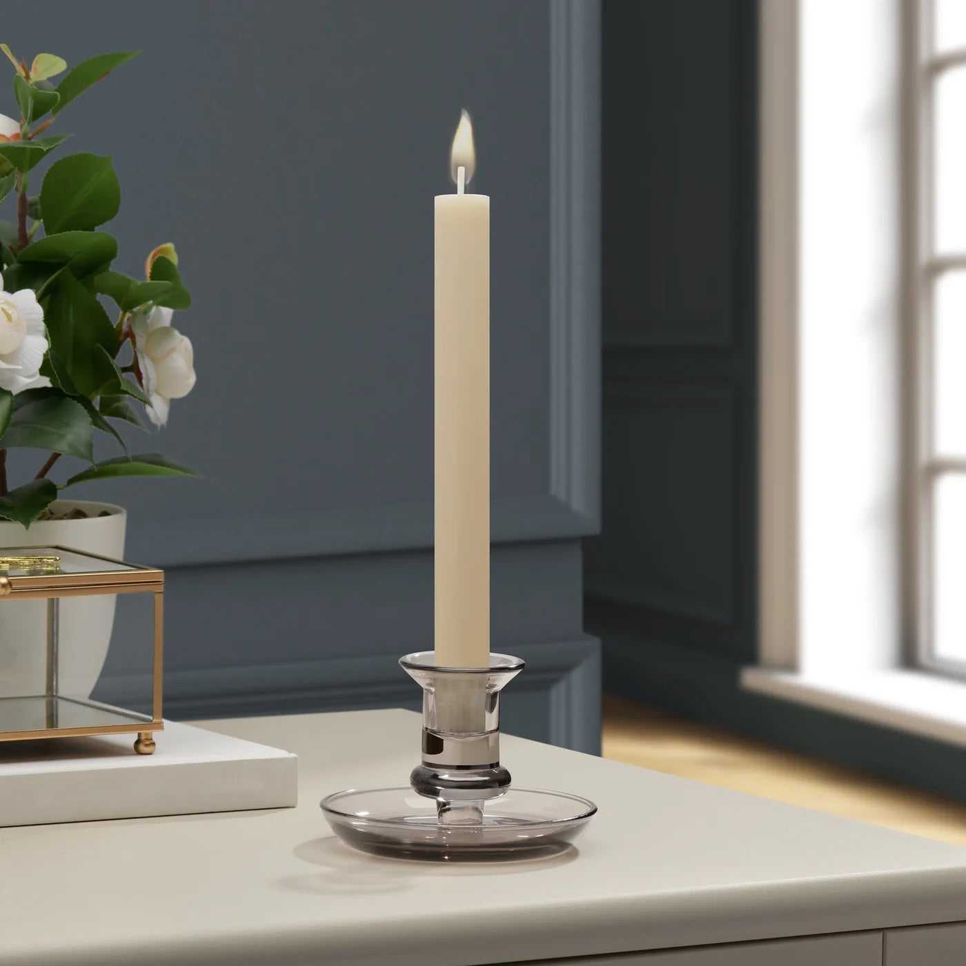 CANDLE HOLDER WITH SAUCER - SMOKE