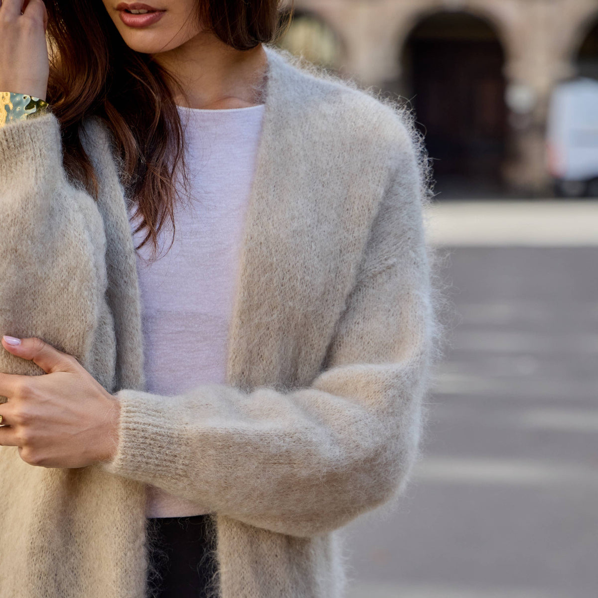 CARDIGAN, LONG - KID MOHAIR, BEIGE