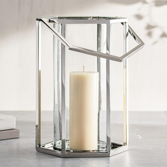 LANTERN, W/HANDLE, HEXAGON - STAINLESS STEEL