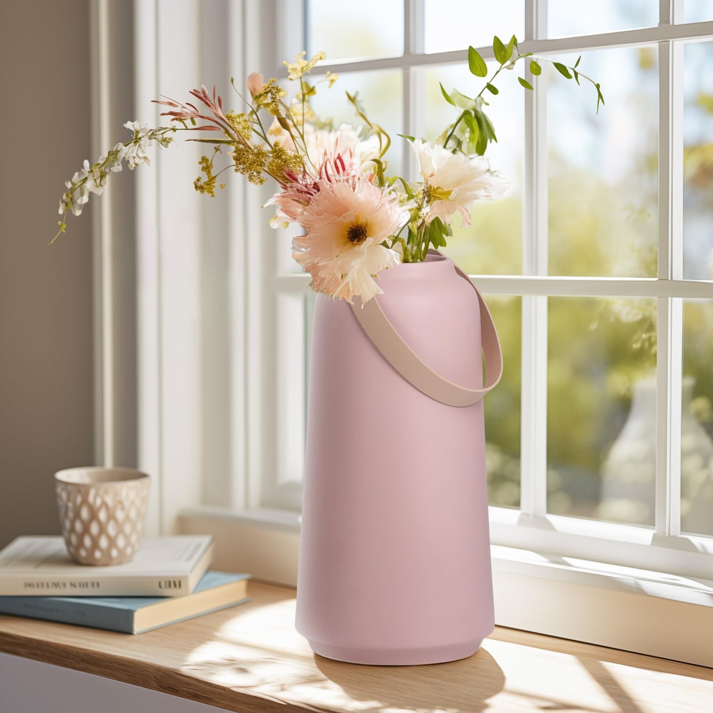 VASE W/HANDLE - CERAMIC, MATTE PINK