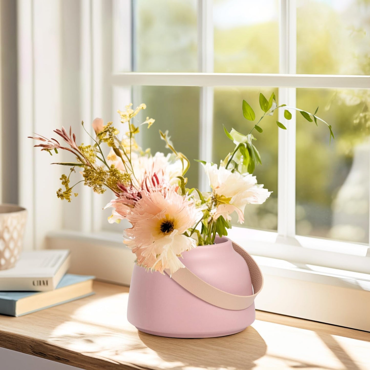 VASE W/HANDLE - CERAMIC, MATTE PINK