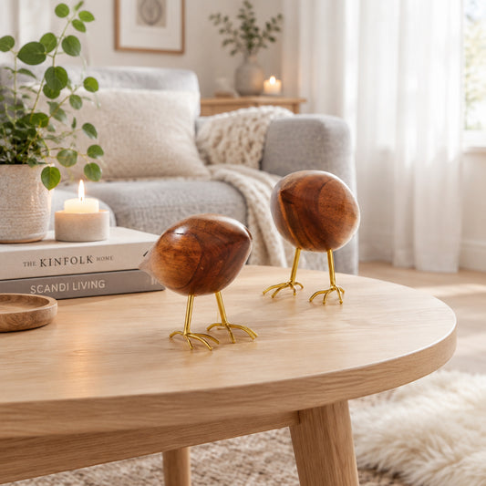 BIRD FIGURINE - WOOD, NATURAL/GOLD