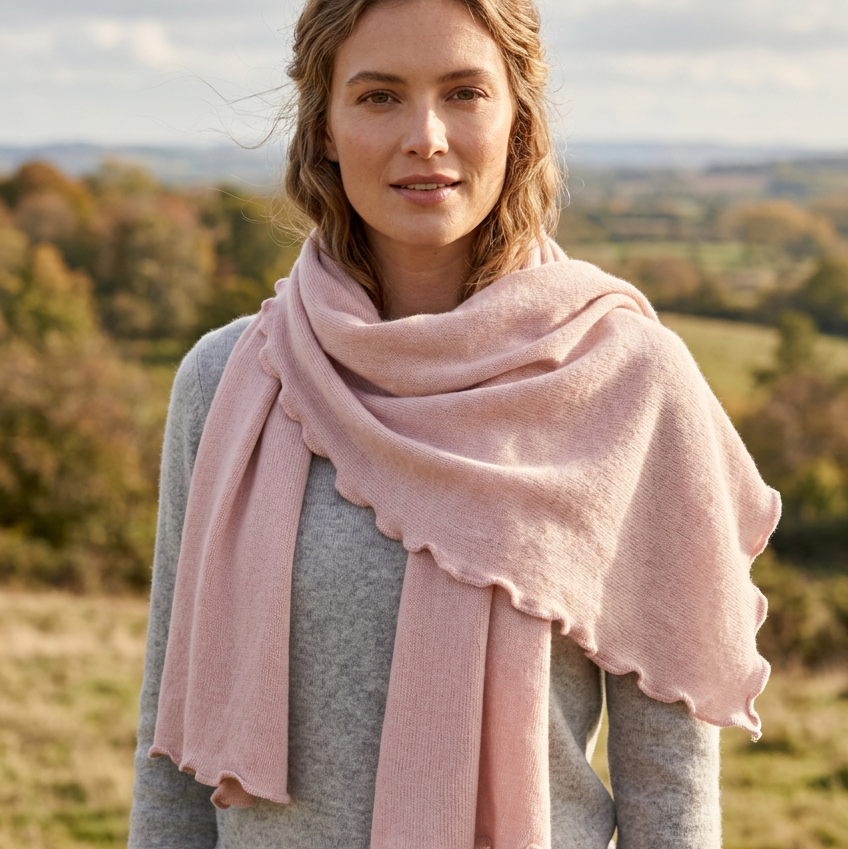 SCARF, RUFFLE EDGE - MERINO/CASHMERE, PINK