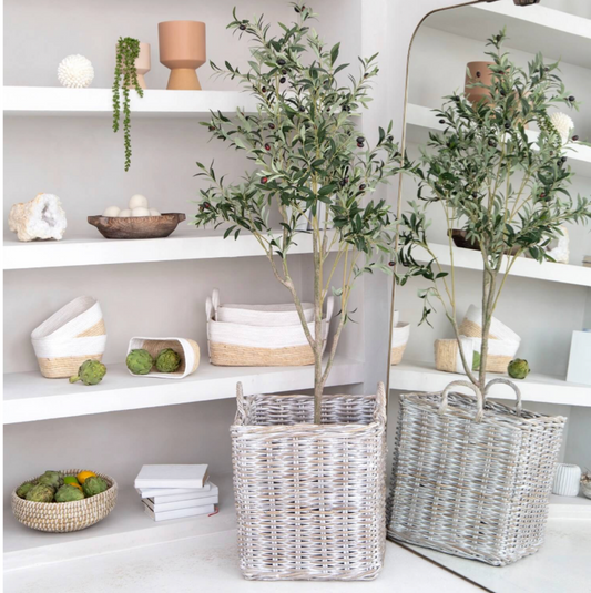 30% OFF! BASKET, RATTAN - SQUARE WHITEWASH