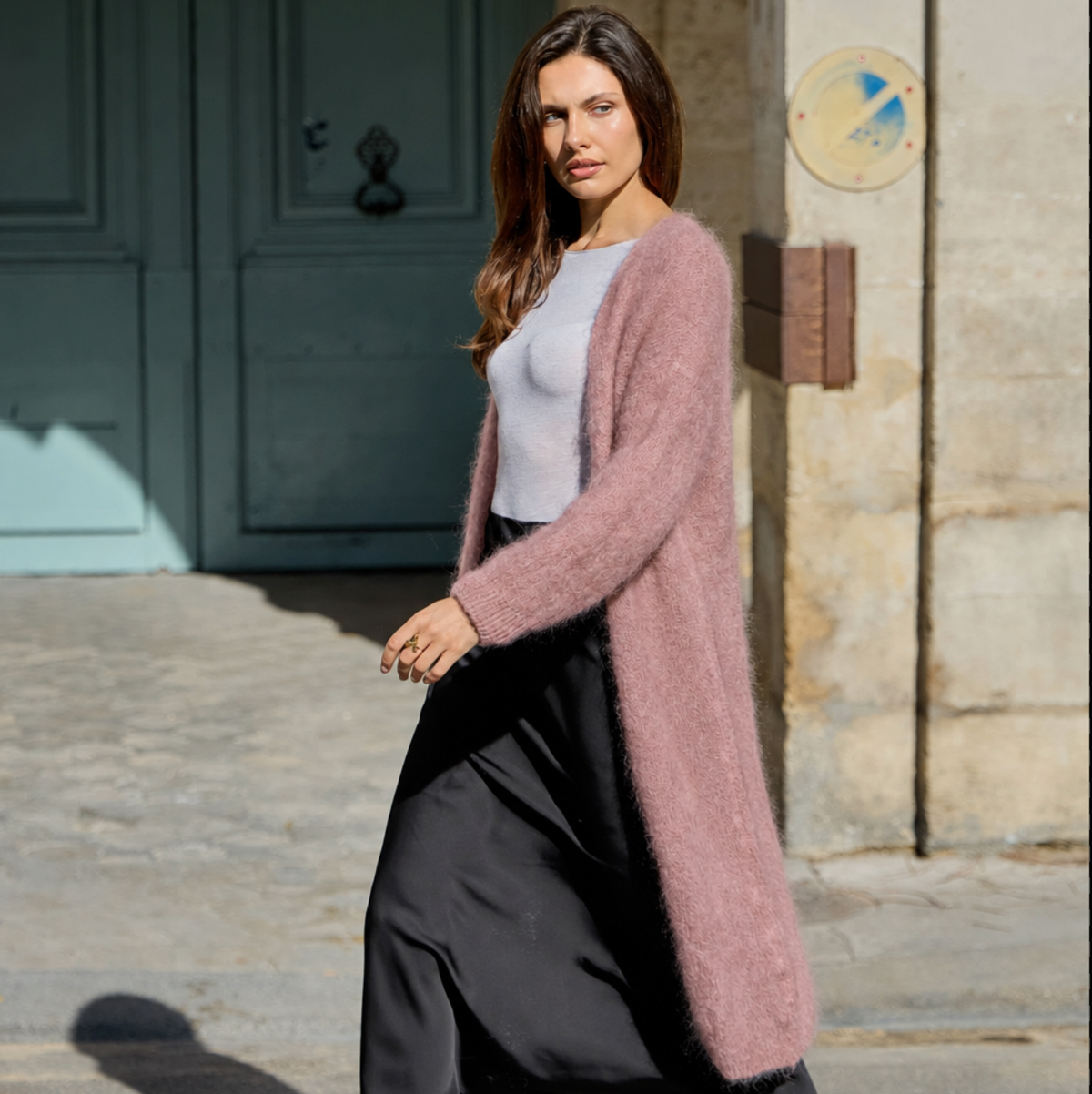 CARDIGAN, LONG - KID MOHAIR, OLD ROSE