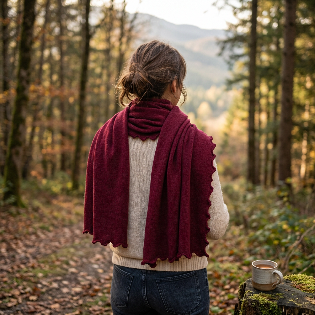 SCARF, RUFFLE EDGE - MERINO/CASHMERE, BORDEAUX