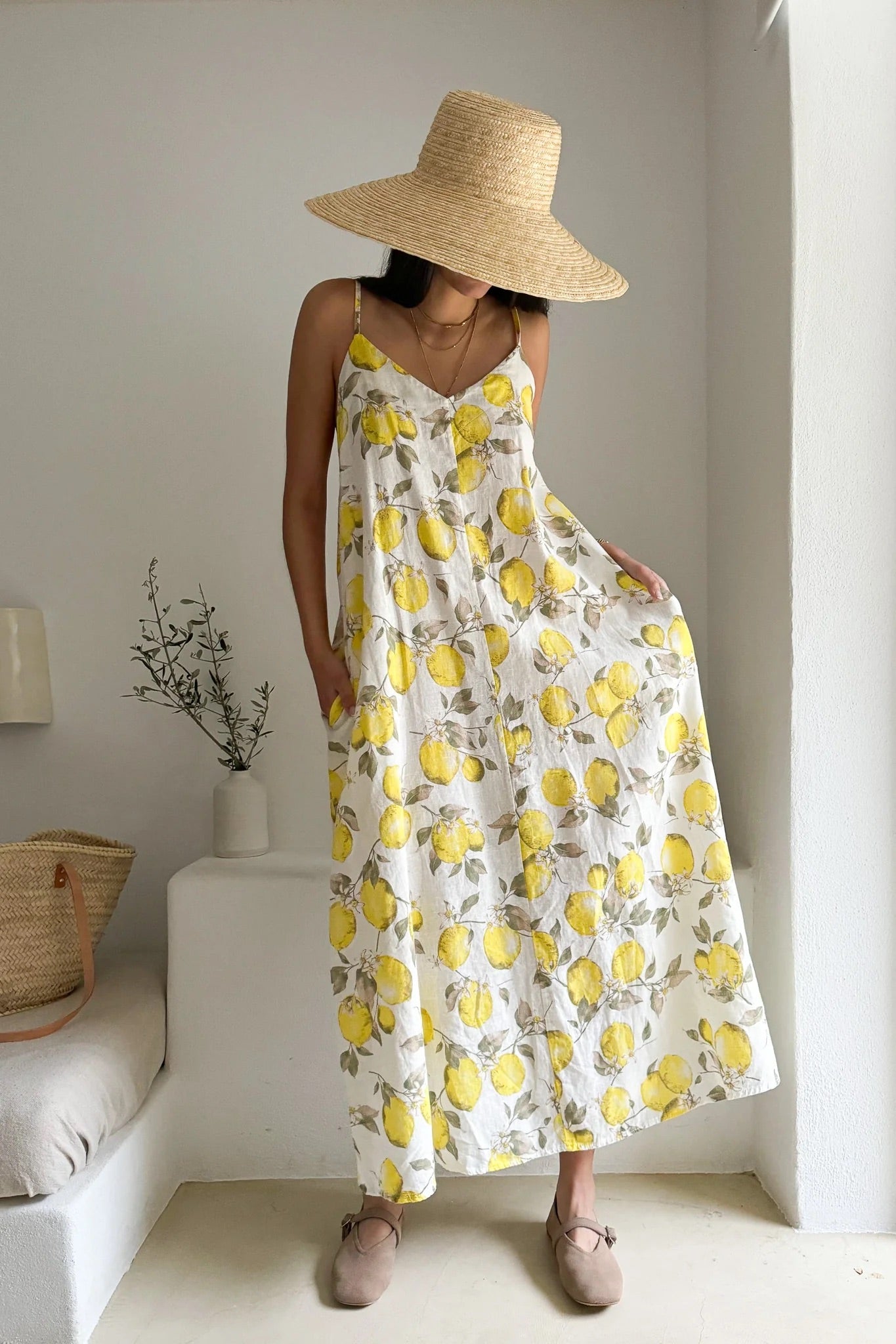 DRESS LINEN, SUNNY ESCAPE - LEMON PRINT
