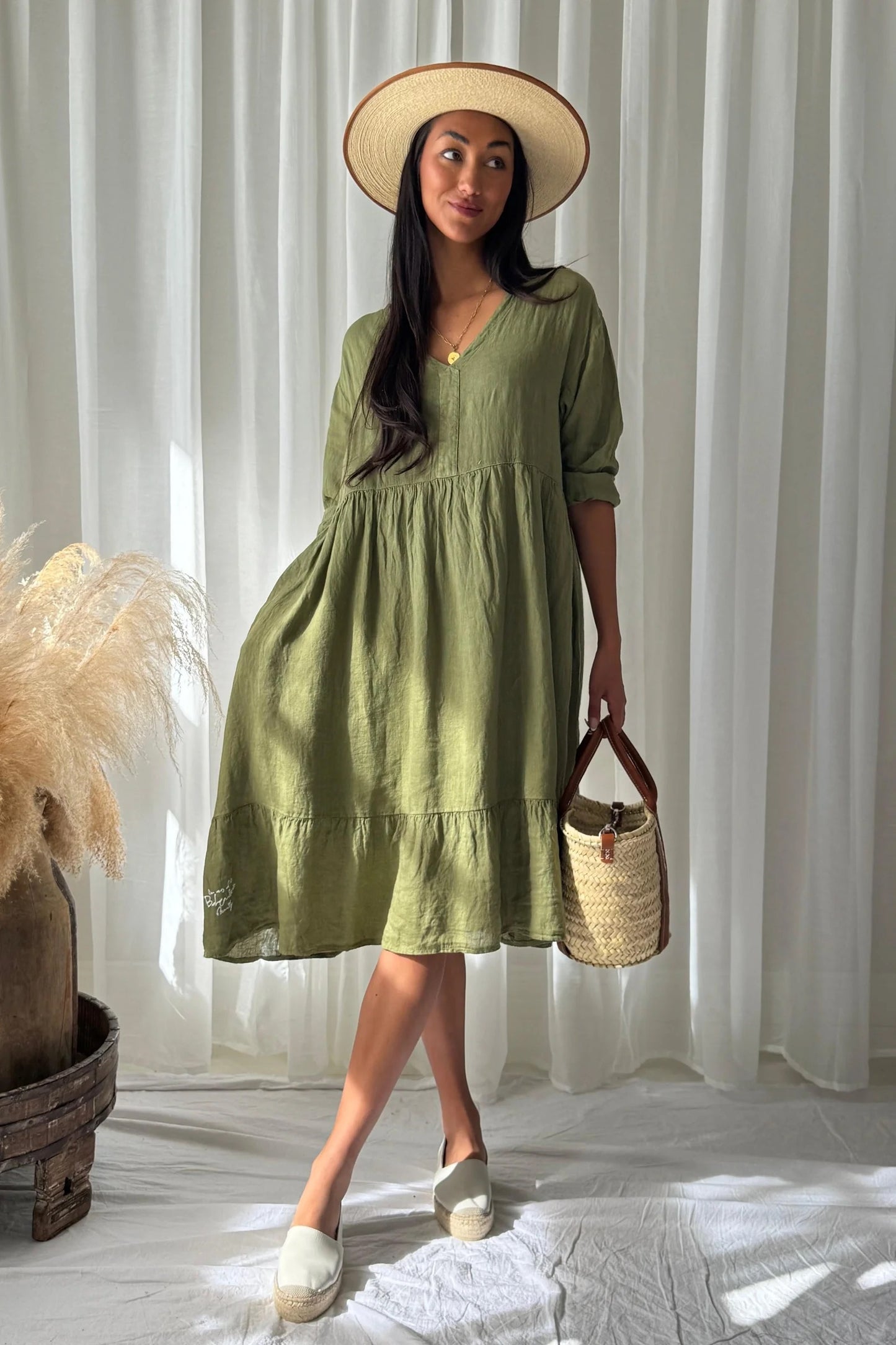 DRESS LINEN, RAELLE - GREEN