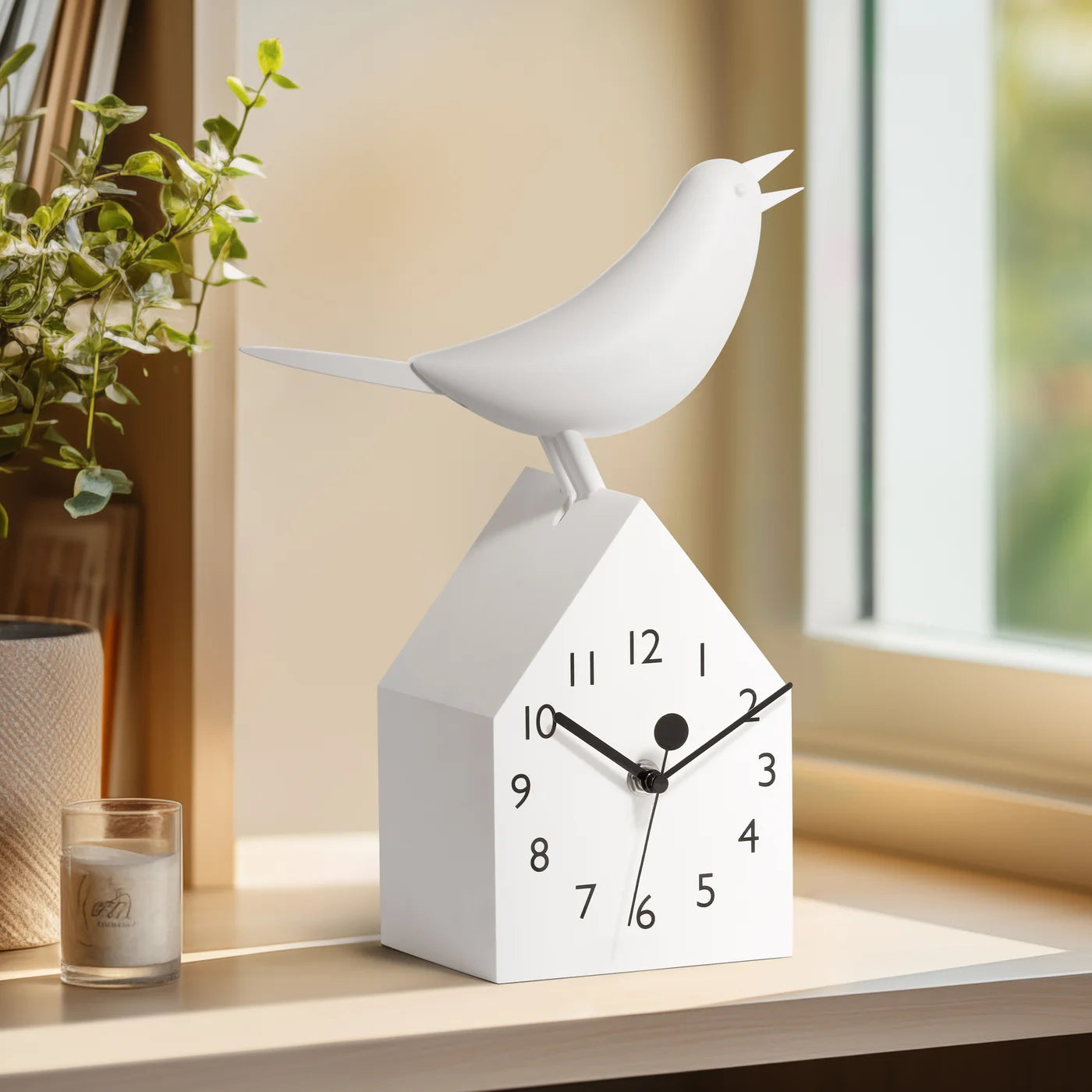 CLOCK, BIRDHOUSE - WHITE