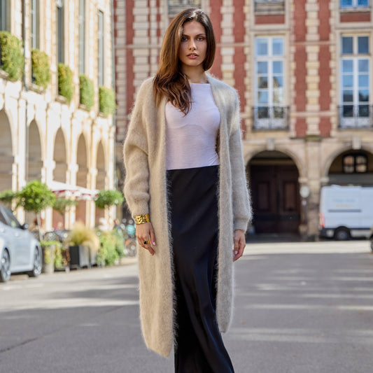 CARDIGAN, LONG - KID MOHAIR, BEIGE