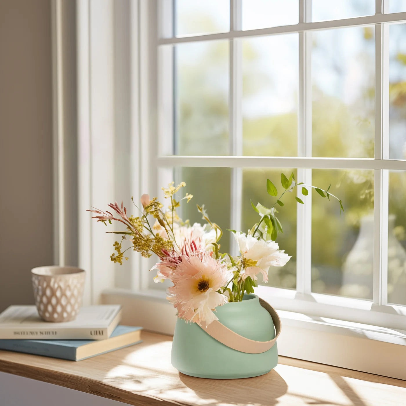 VASE, MATTE GREEN - CERAMIC W/LEATHER HANDLE