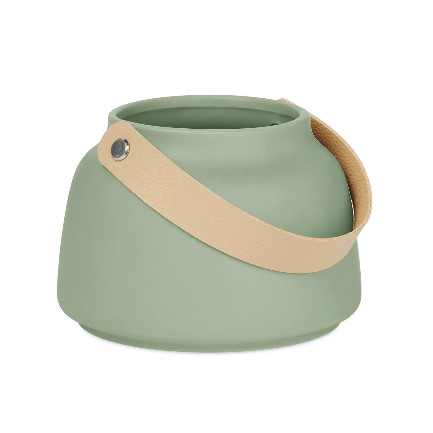 VASE, MATTE GREEN - CERAMIC W/LEATHER HANDLE