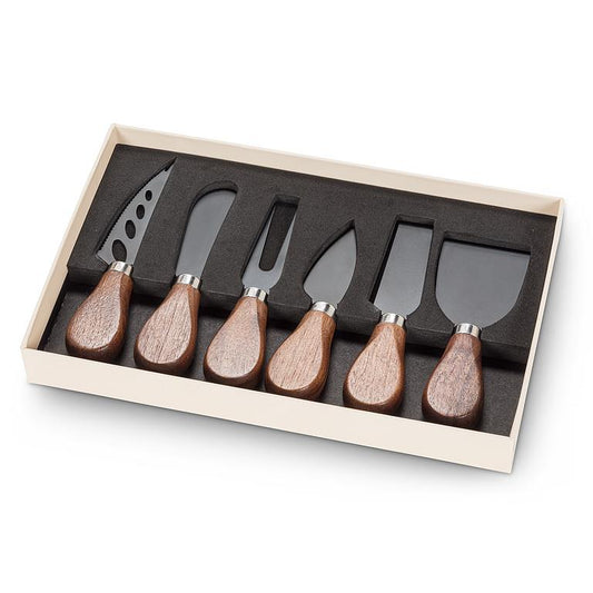 CHEESE KNIVES, 6PCS - WALNUT HANDLE/BLACK
