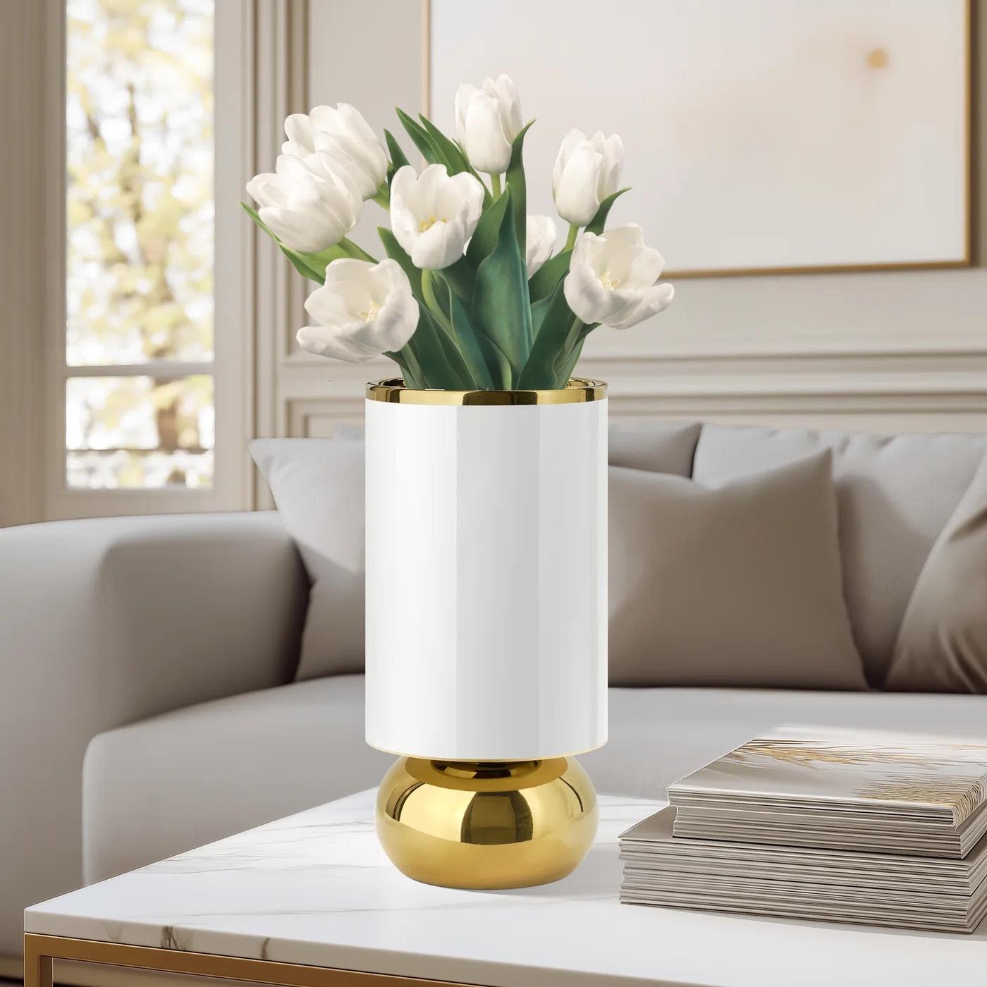 VASE - WHITE/GOLD, CERAMIC