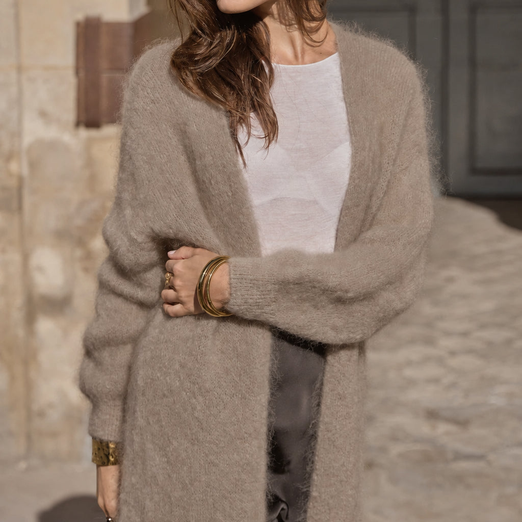 CARDIGAN, LONG - KID MOHAIR, TAUPE