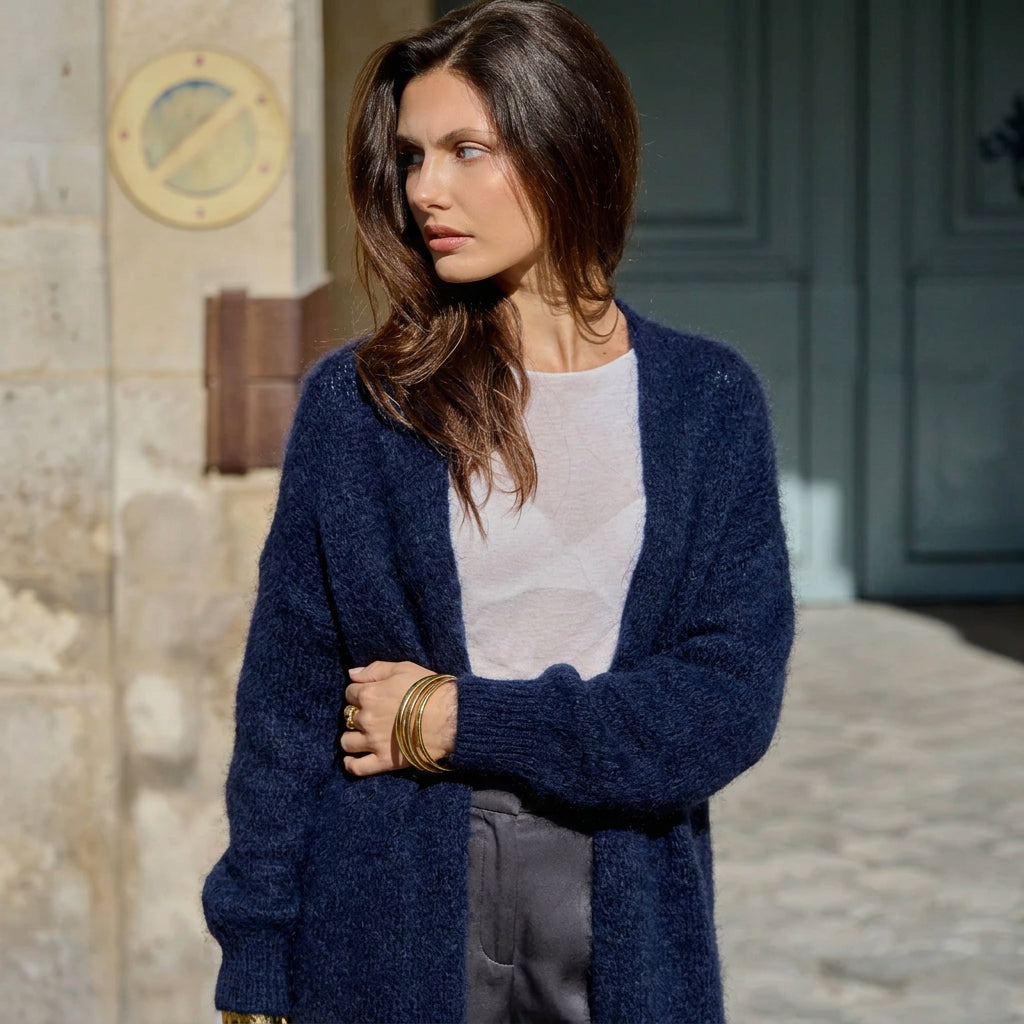 CARDIGAN, LONG - KID MOHAIR, NAVY