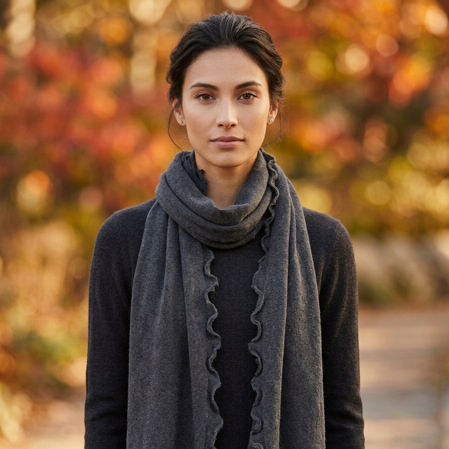 SCARF, RUFFLE EDGE - MERINO/CASHMERE, ANTHRACITE