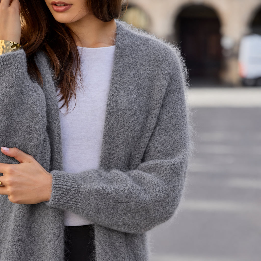 CARDIGAN, LONG - KID MOHAIR, GRAY