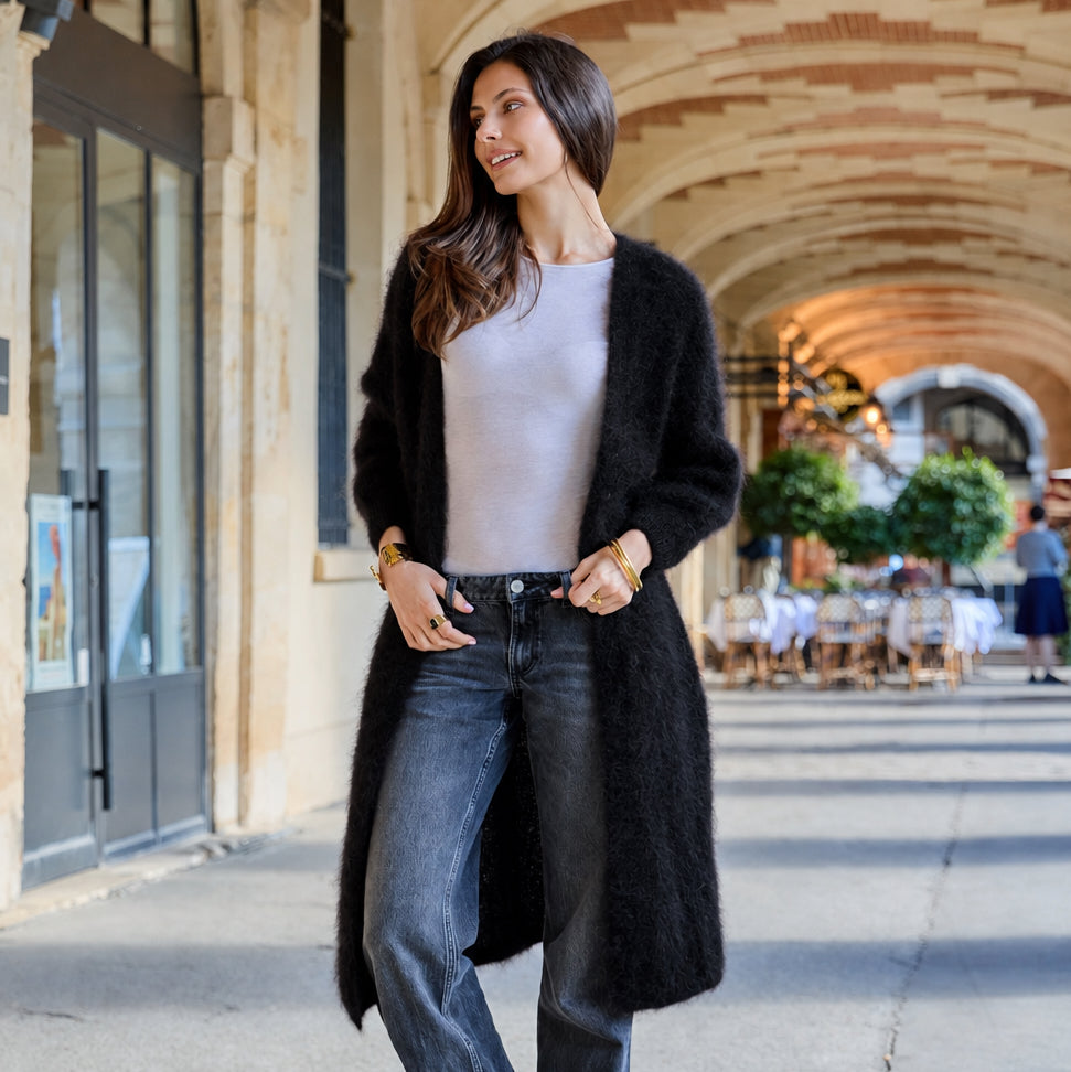 CARDIGAN, LONG - KID MOHAIR, BLACK