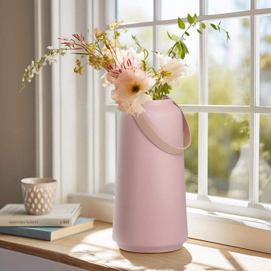 VASE W/HANDLE - CERAMIC, MATTE PINK