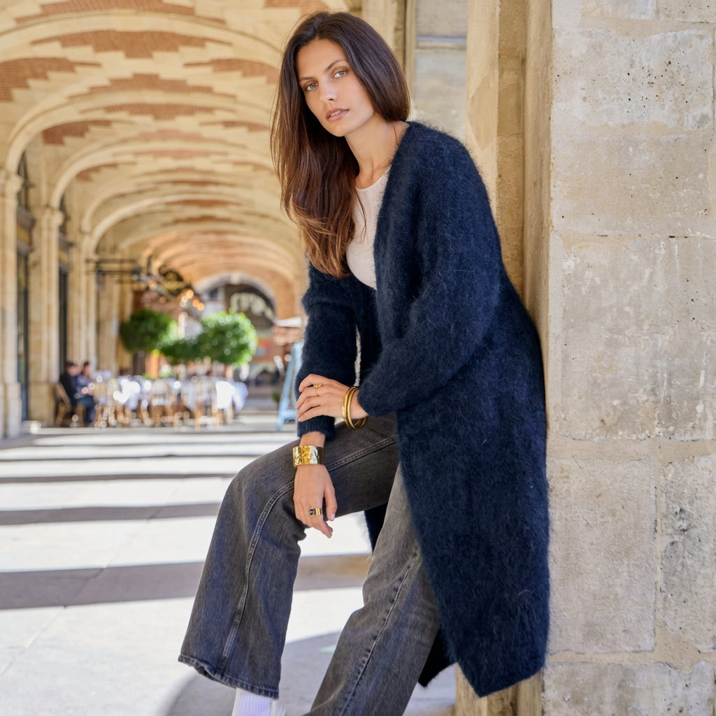 CARDIGAN, LONG - KID MOHAIR, NAVY