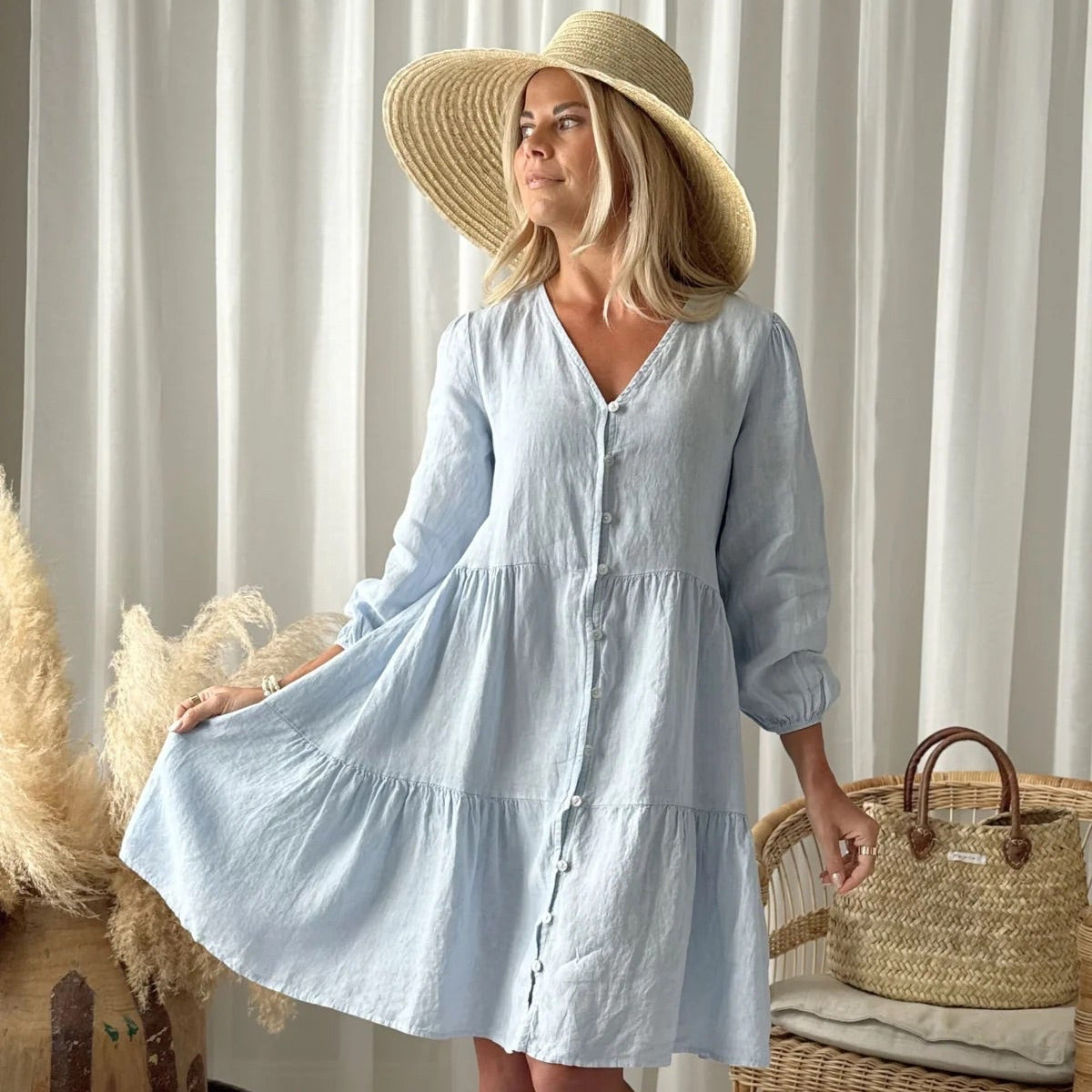 DRESS LINEN, BELLE - LIGHT BLUE