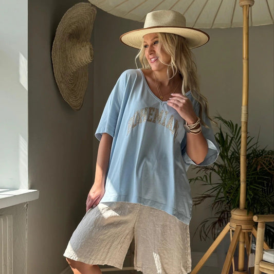 T-SHIRT BOHEMIANA, GLITTER - LIGHT BLUE/GOLD