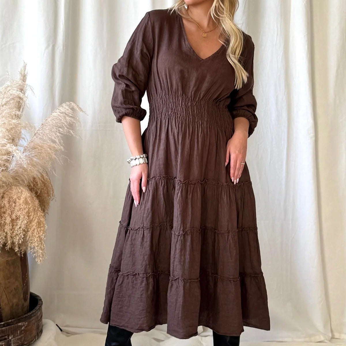 DRESS LINEN, CELINA - COFFEE