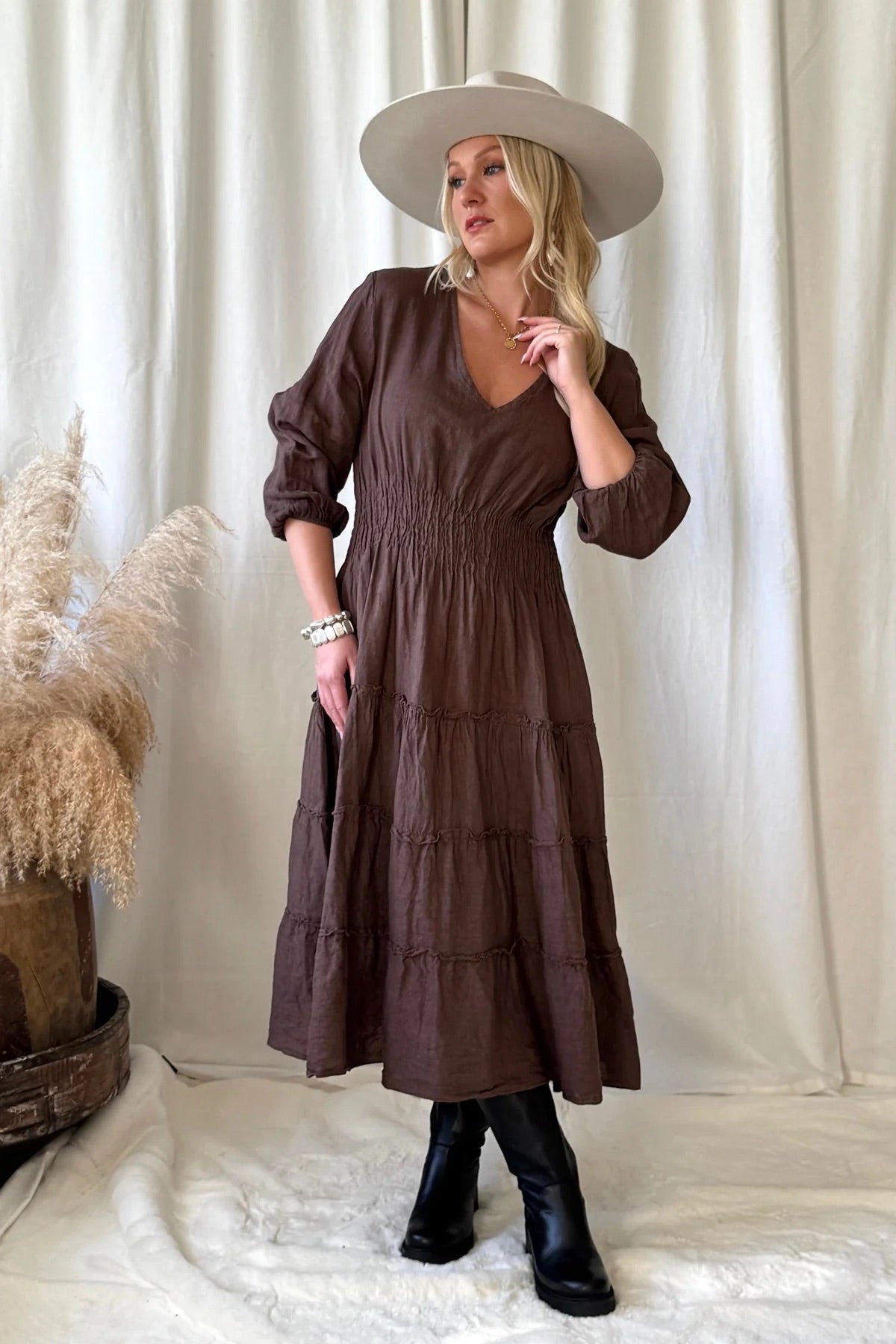 DRESS LINEN, CELINA - COFFEE