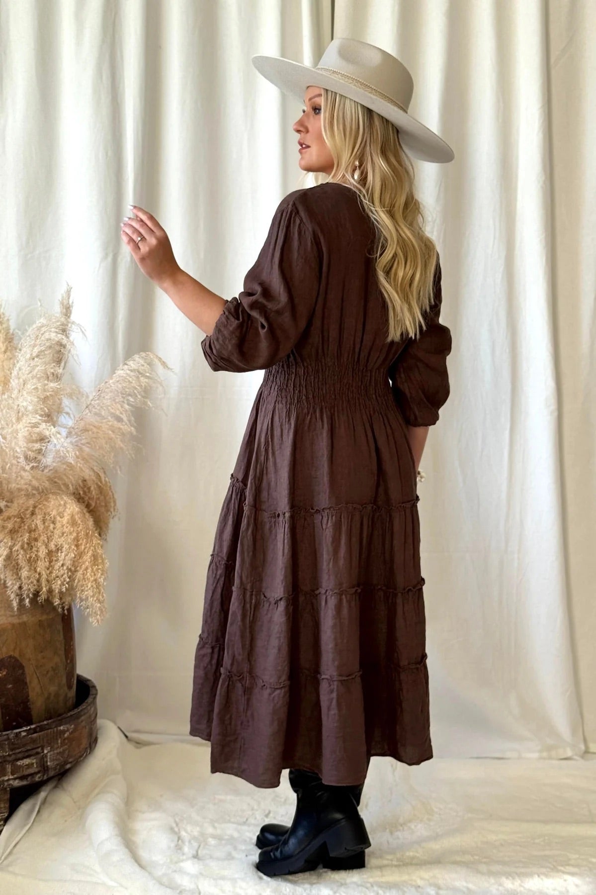 DRESS LINEN, CELINA - COFFEE
