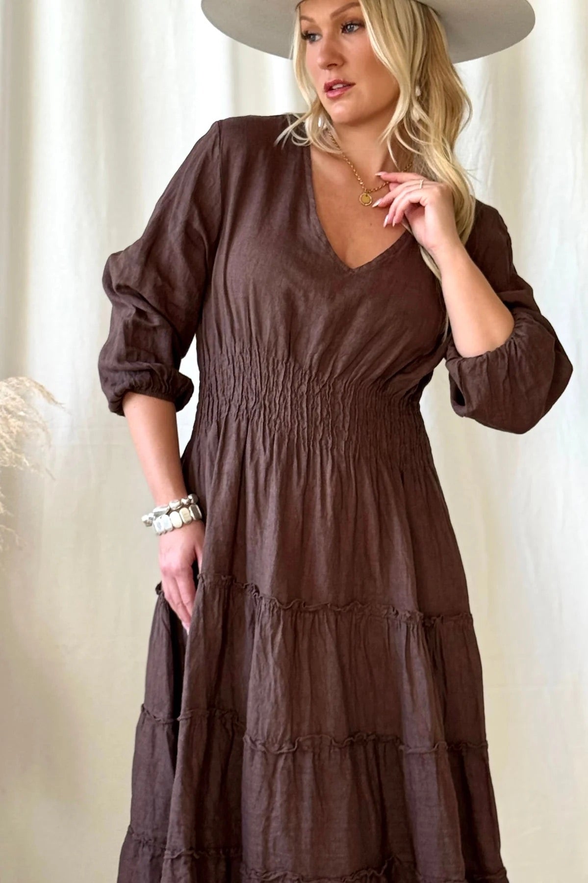 DRESS LINEN, CELINA - COFFEE