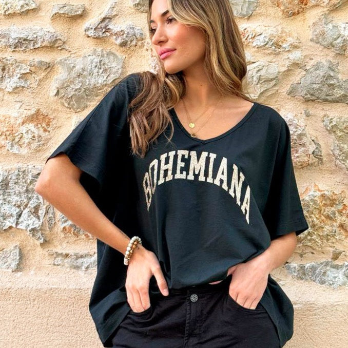 T-SHIRT BOHEMIANA, GLITTER - BLACK/GOLD