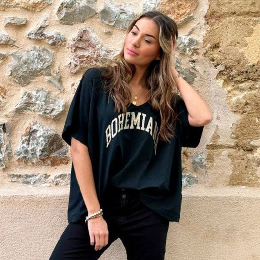 T-SHIRT BOHEMIANA, GLITTER - BLACK/GOLD