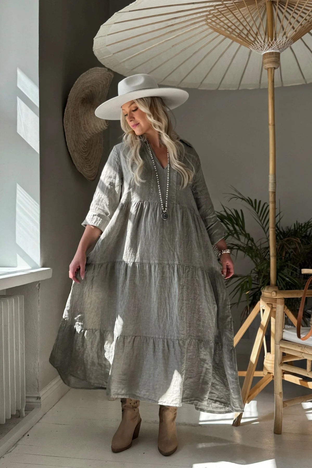 DRESS LINEN, HELENIA - TAUPE