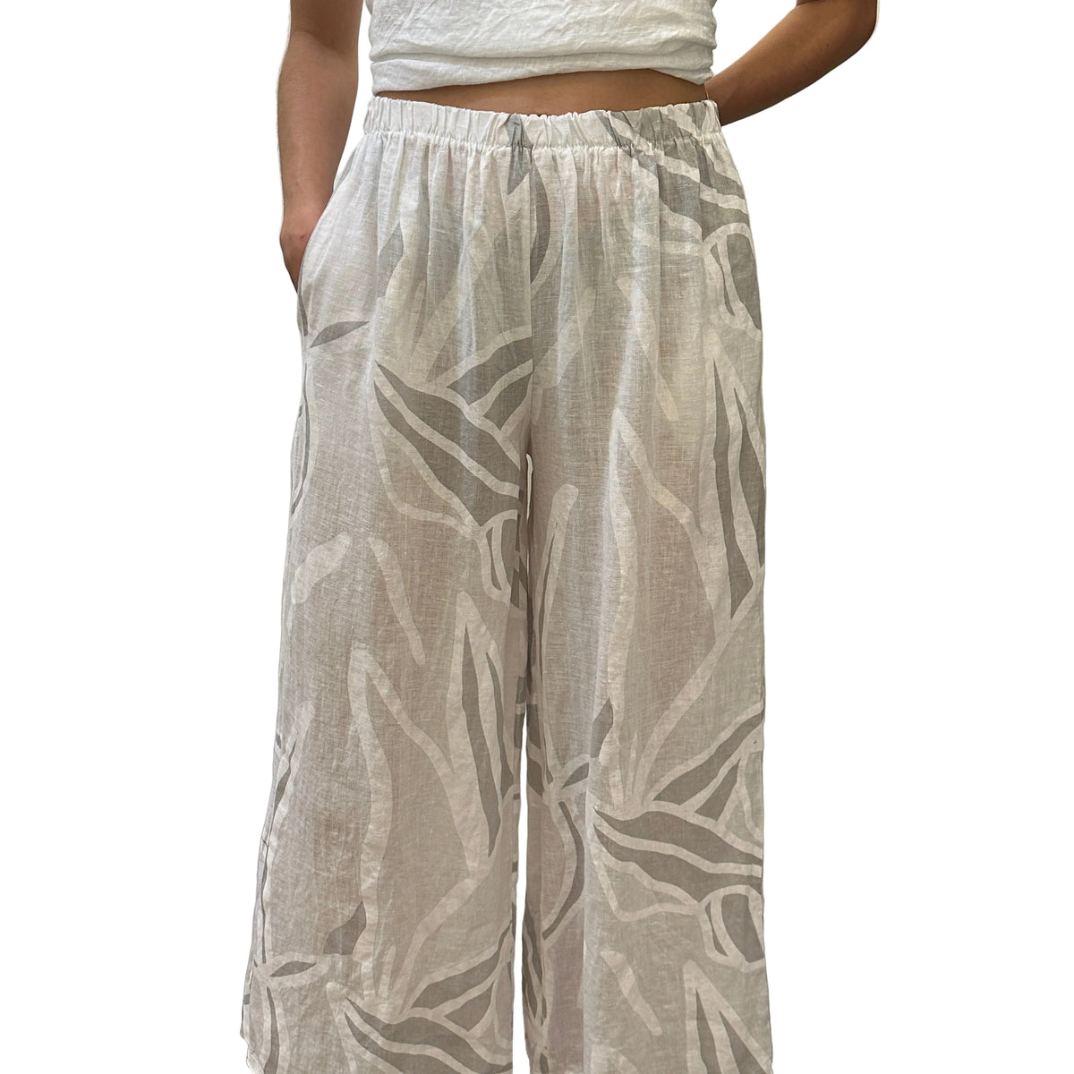 PANTS LINEN - WHITE/GREY PRINT