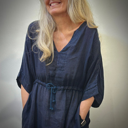 DRESS, LINEN - NAVY