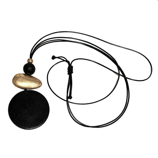 NECKLACE - LONG, GLD/BLK WOOD