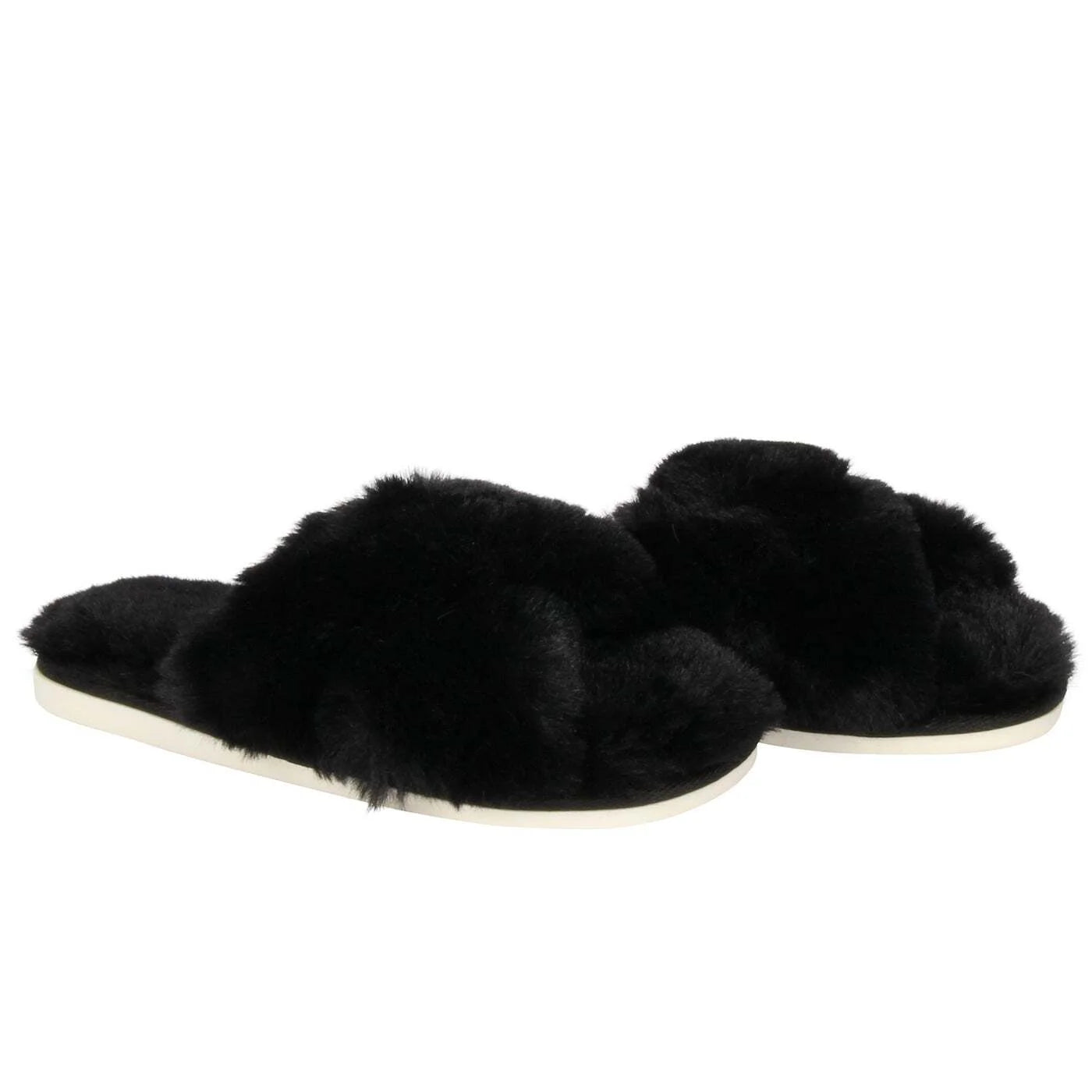 FUR SLIPPERS - BLACK (CRISS CROSS)