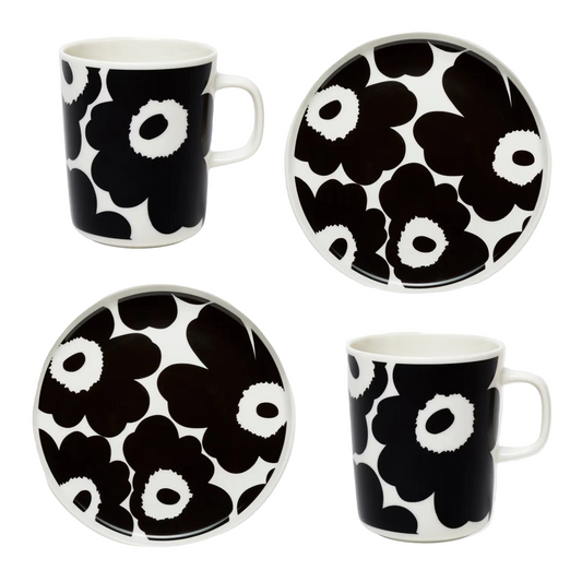 MARIMEKKO MUG/PLATE SET, 4 PCS - OIVA, WHITE/BLACK