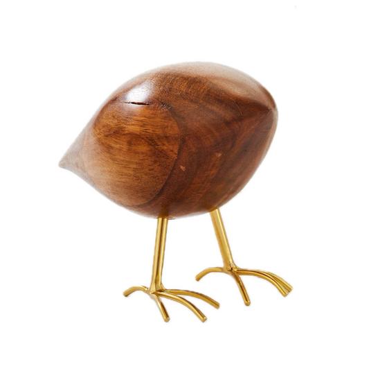 BIRD FIGURINE - WOOD, NATURAL/GOLD