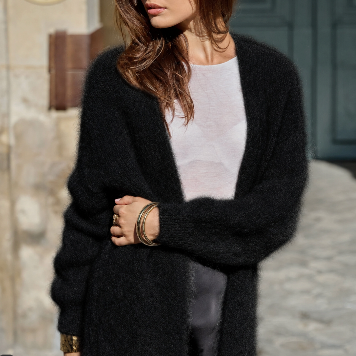 CARDIGAN, LONG - KID MOHAIR, BLACK
