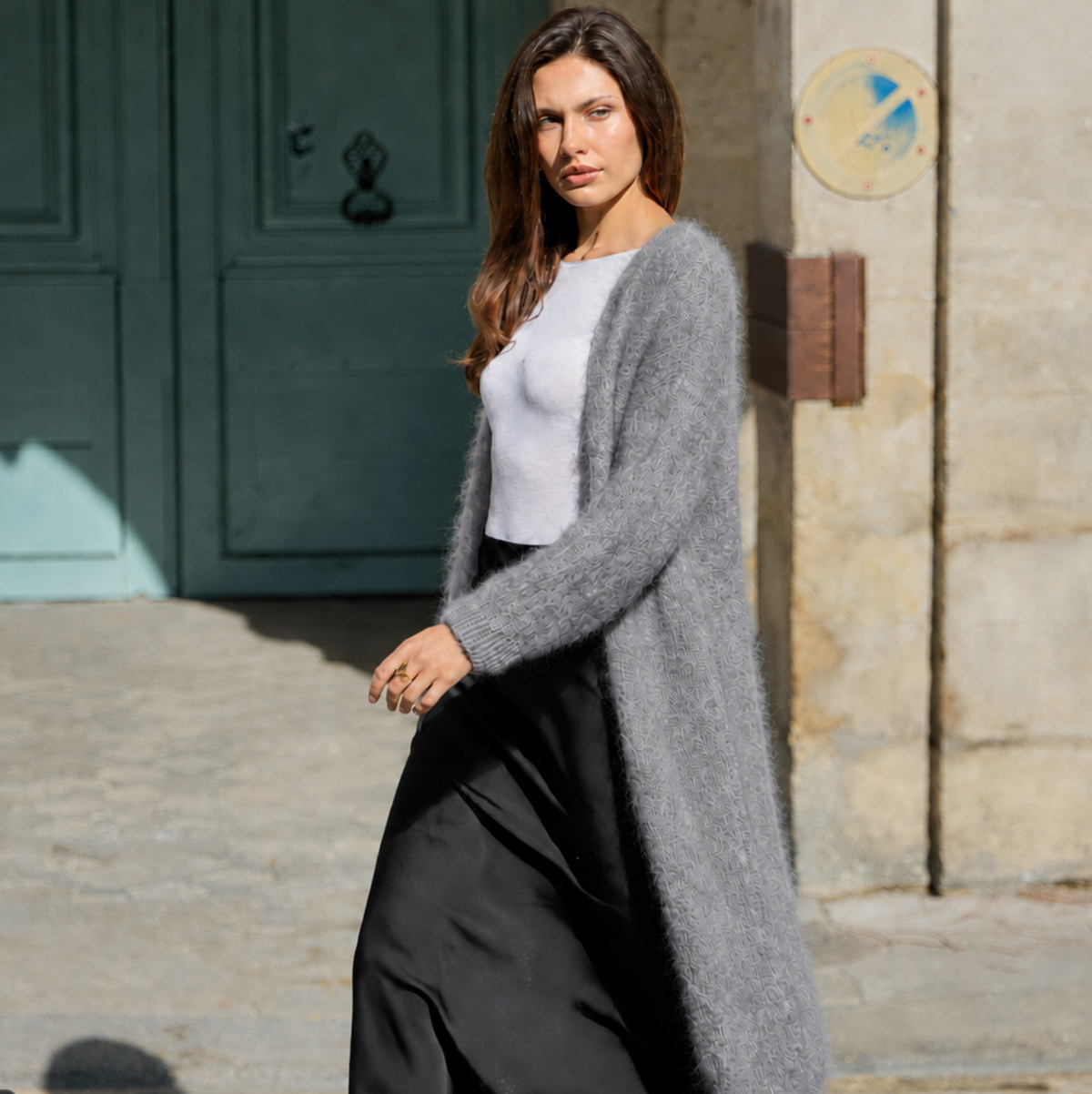 CARDIGAN, LONG - KID MOHAIR, GRAY