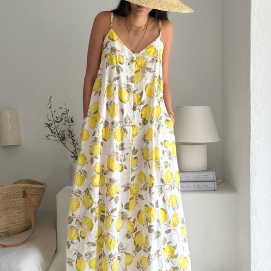 DRESS LINEN, SUNNY ESCAPE - LEMON PRINT
